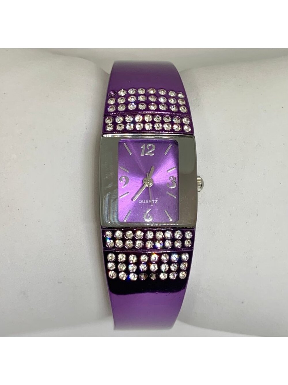 Avon women purple tone cuff bracelet watch rhinestones 21mm quartz 7” running
